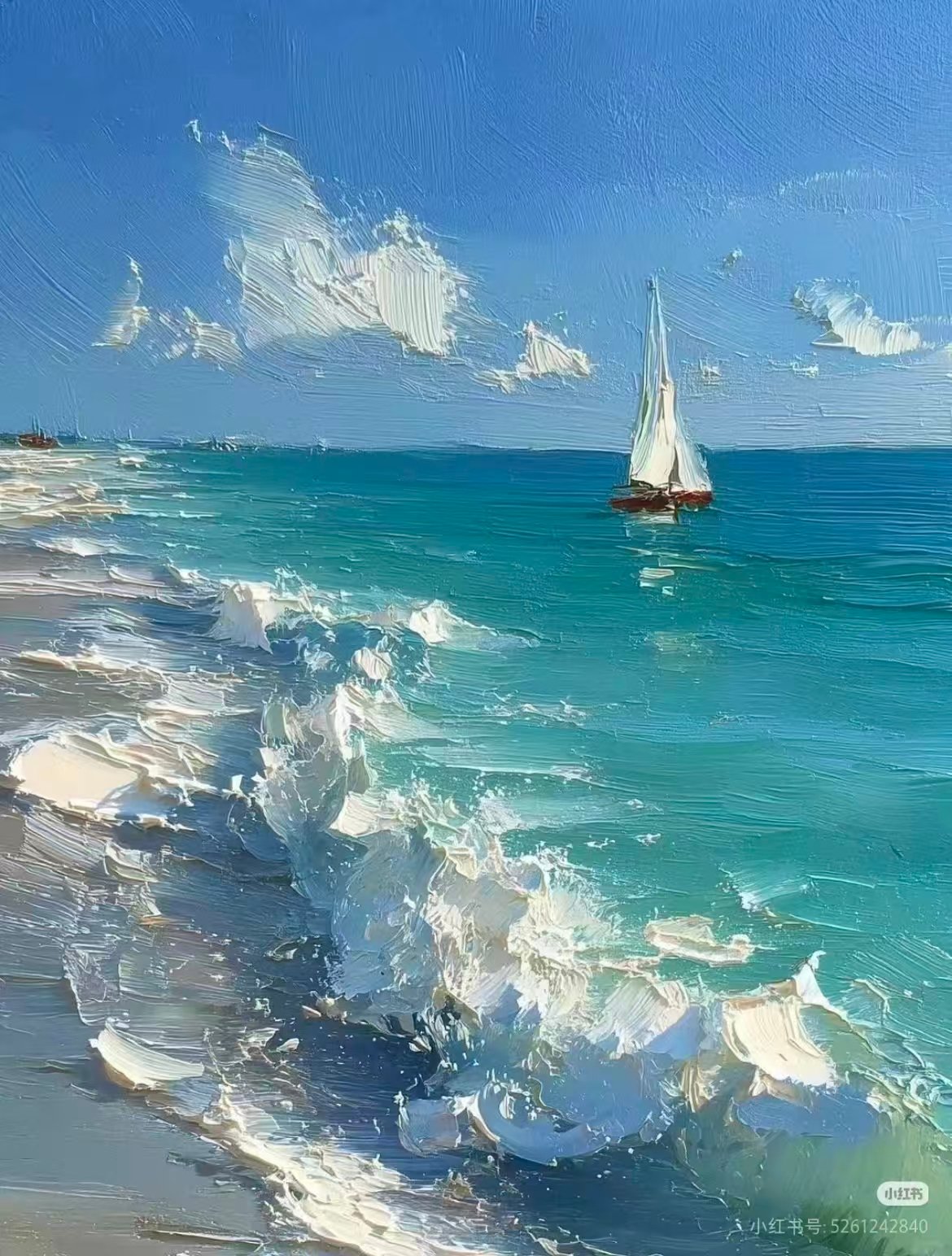 Blue coastal hand-painted oil painting